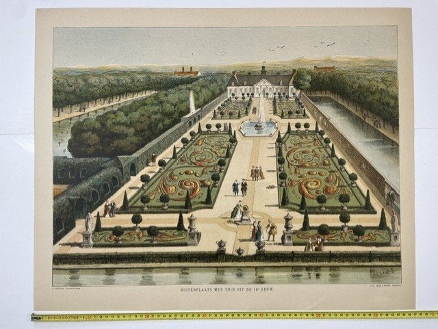 schoolplaat 'buitenplaats met tuin uit de 18e eeuw', Antiek en Kunst, Antiek | Schoolplaten, Ophalen of Verzenden, Natuur en Biologie