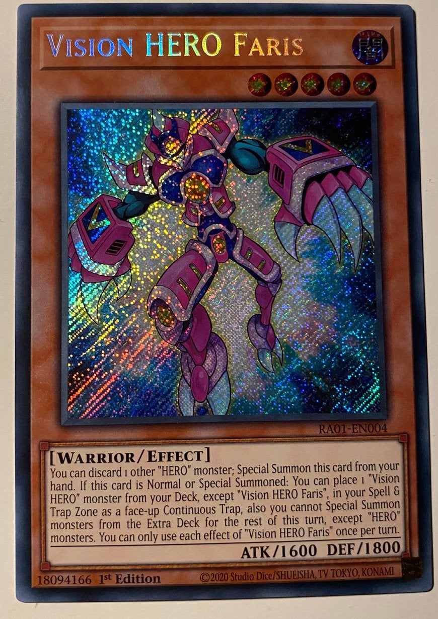 Yu-Gi-Oh! Vision HERO Faris RA01 1st Edition !, Ophalen of Verzenden, Zo goed als nieuw, Losse kaart, Foil