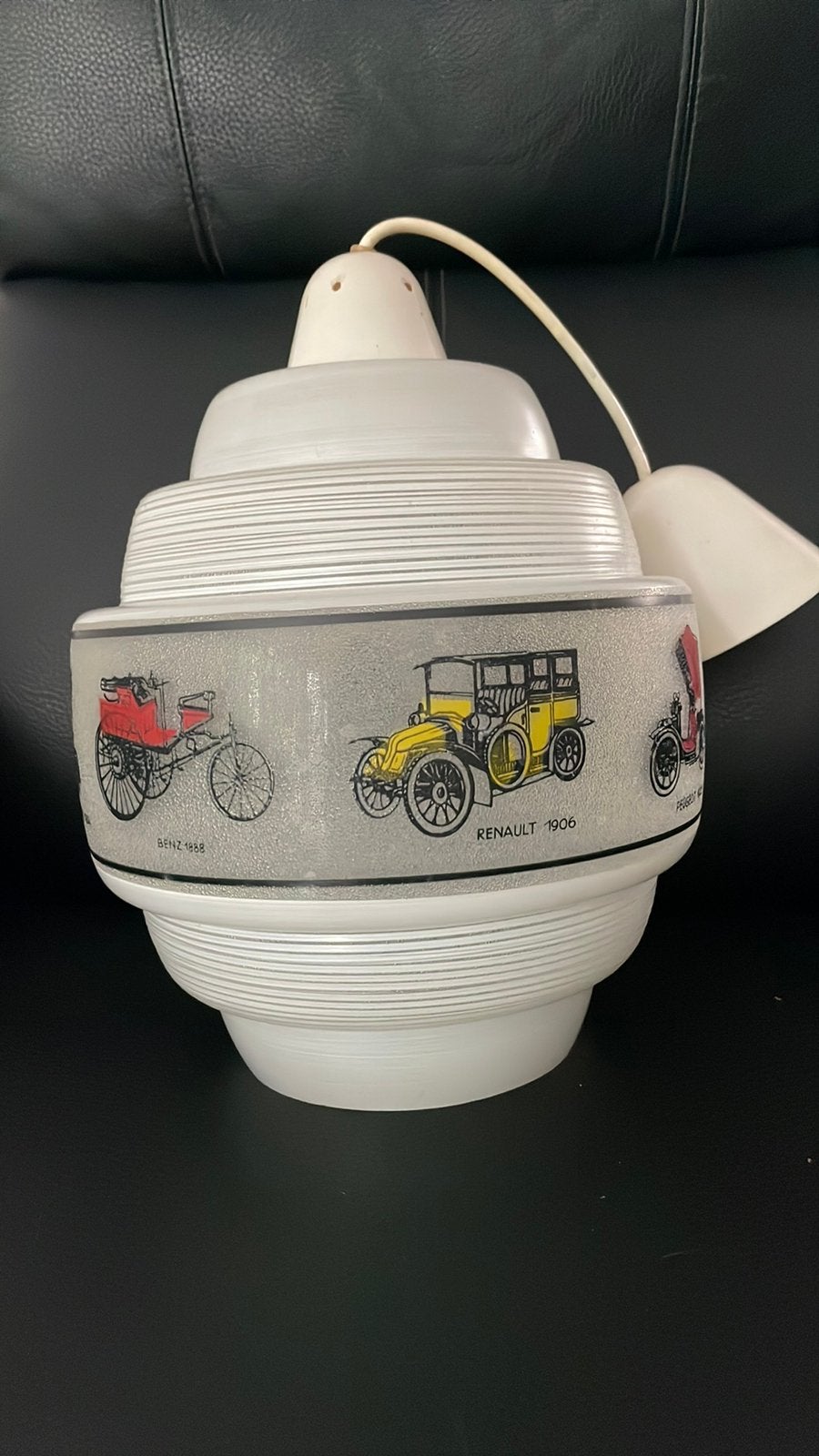 Leuke vintage hangglas met automotieven., Gebruikt, Vintage, Glas, E27 (groot)