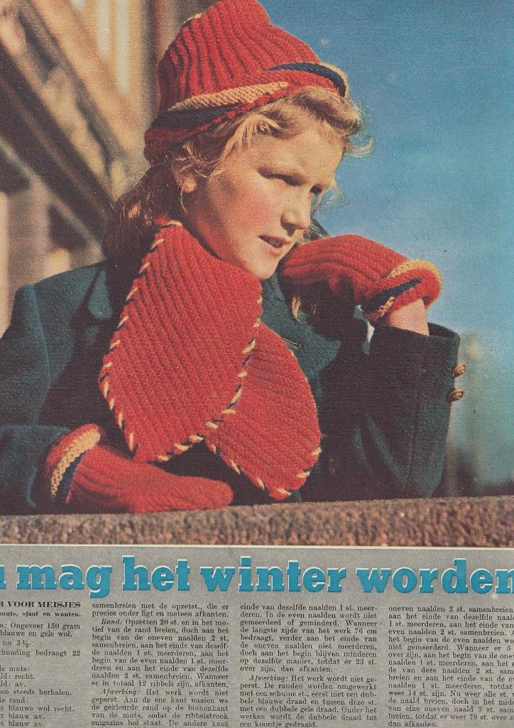 Vintage knipsel 1949 Meisje sjaal en muts breien, Verzenden, 1940 tot 1960, Nederland, Krant