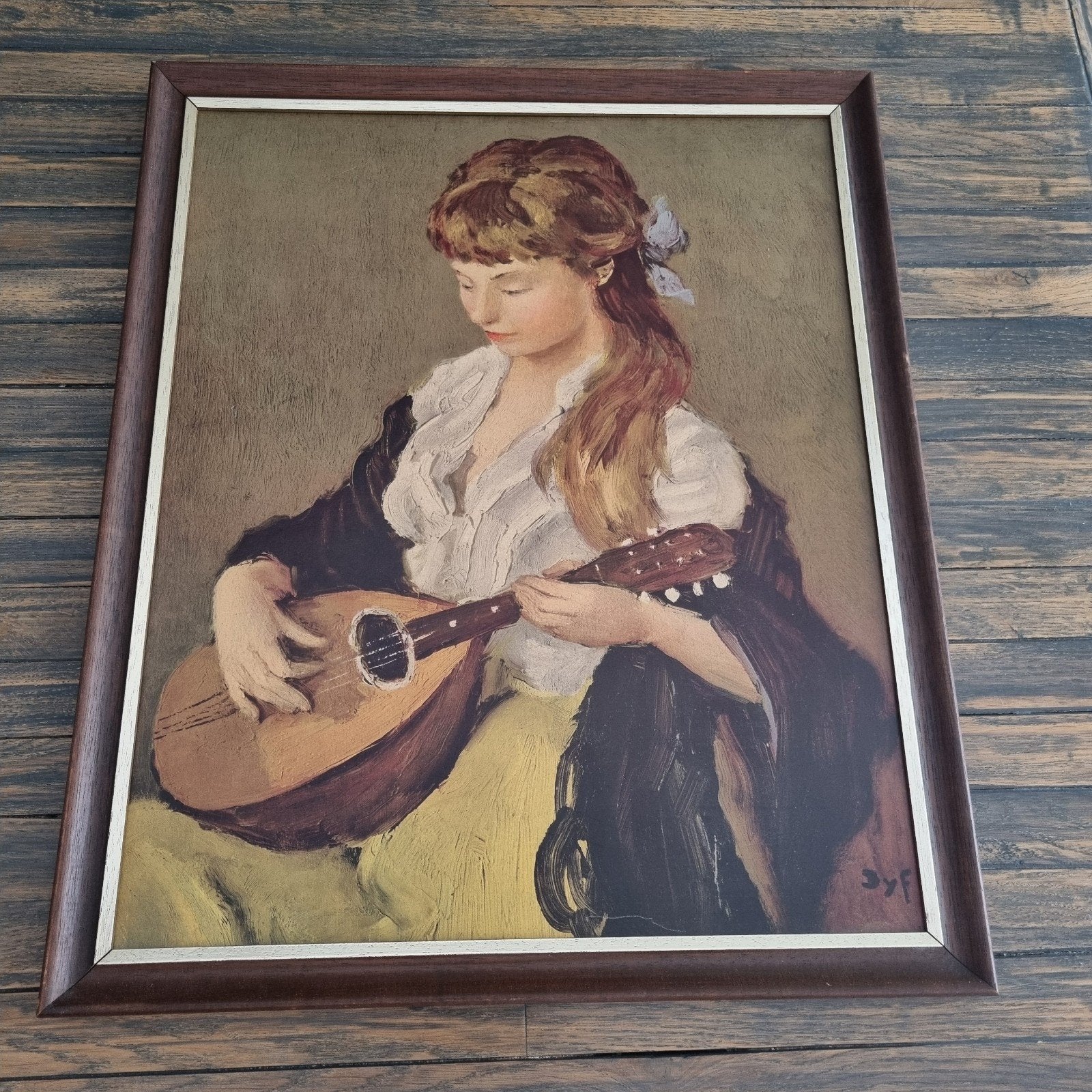 Vintage Ingelijste Print 'Meisje met Mandoline' Marcel Dyf, Antiek en Kunst, Ophalen, Portret of Personen, Print, Papier