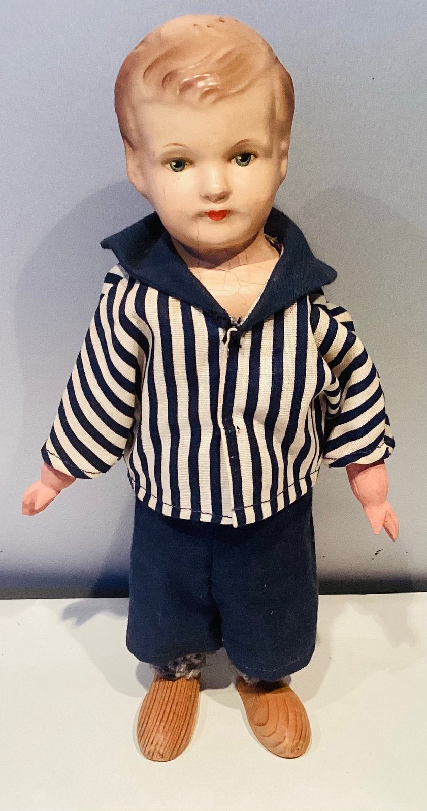 Oud papier mache & houten popje ca 1940’s,kleding origineel, Ophalen, Gebruikt, Pop