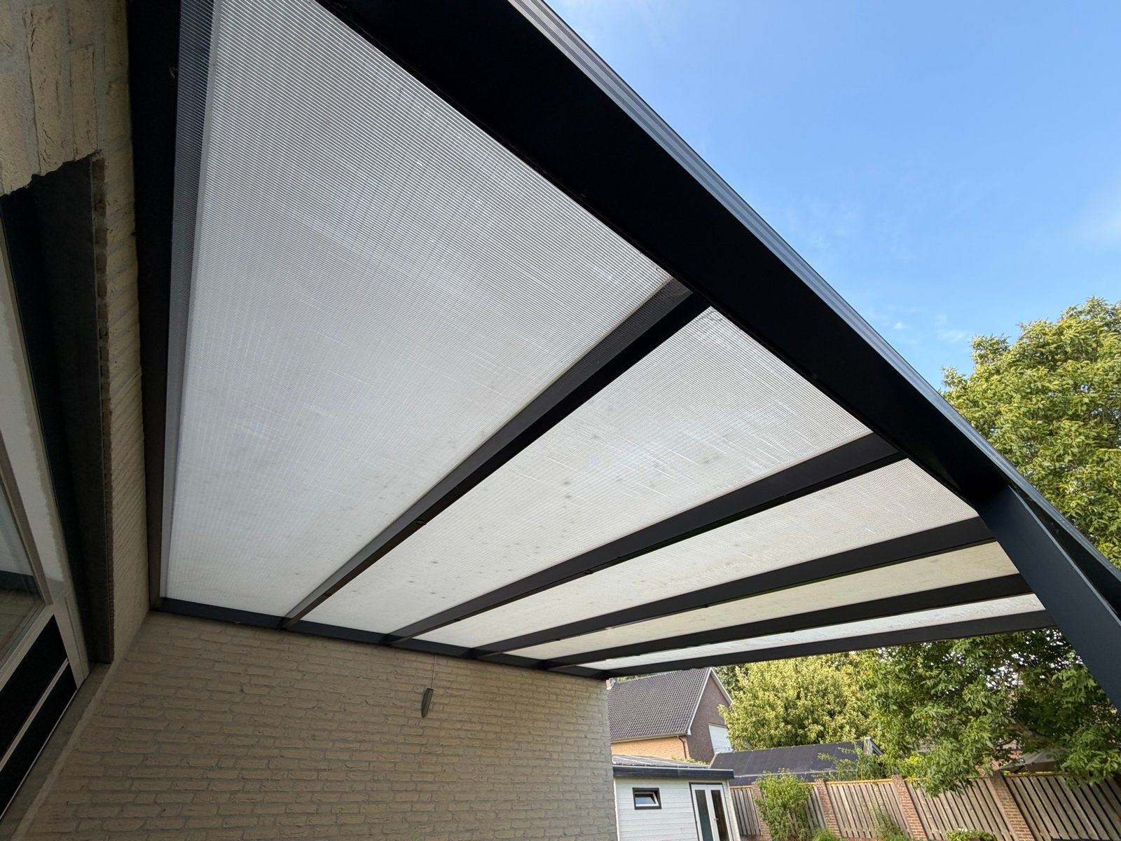 5 gebruikte warmtewerende polycarbonaat platen, 450 cm lang, Tuin en Terras, Overkappingen, Ophalen, Gebruikt, Overige typen