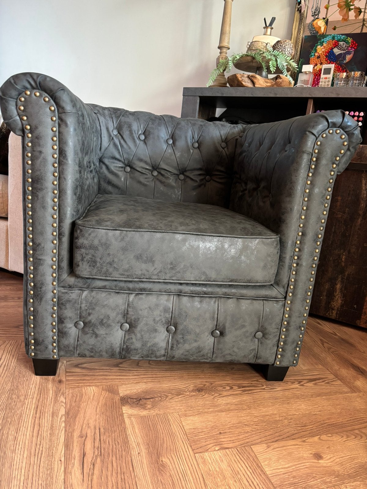 Chesterfield fauteuil clubstool grijs, Huis en Inrichting, Fauteuils, Ophalen, Zo goed als nieuw, 75 tot 100 cm