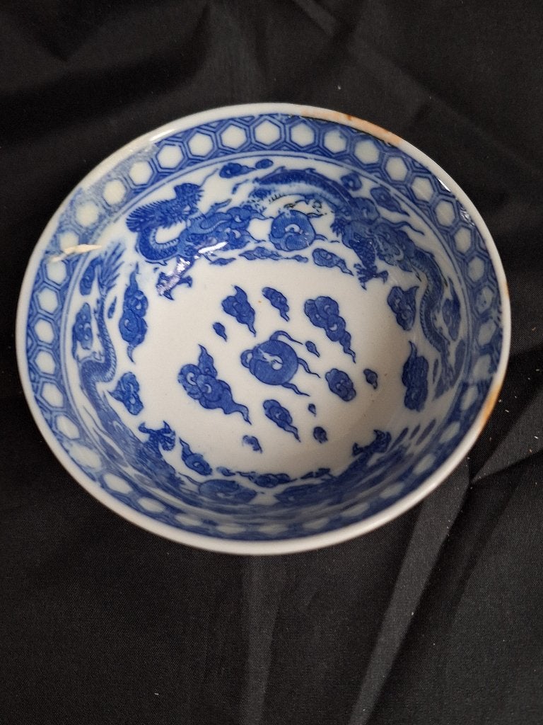 Gerestaureerde Chinese Porseleinen Drakenkom Blauw Wit, Ophalen