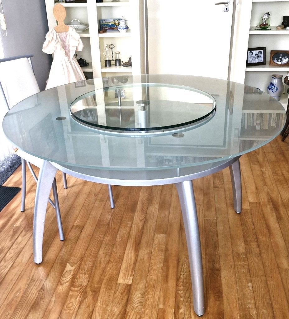 Ronde tafel met glazen blad en draai plateau., Ophalen, Gebruikt, Rond, Vijf personen of meer