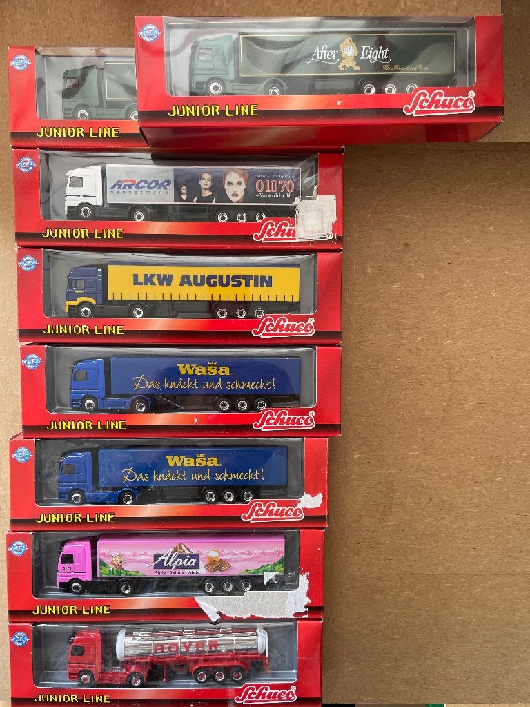 Acht Schuco (HO) vrachtwagens (Junior Line), Schuco, Verzenden, Zo goed als nieuw, Schuco
