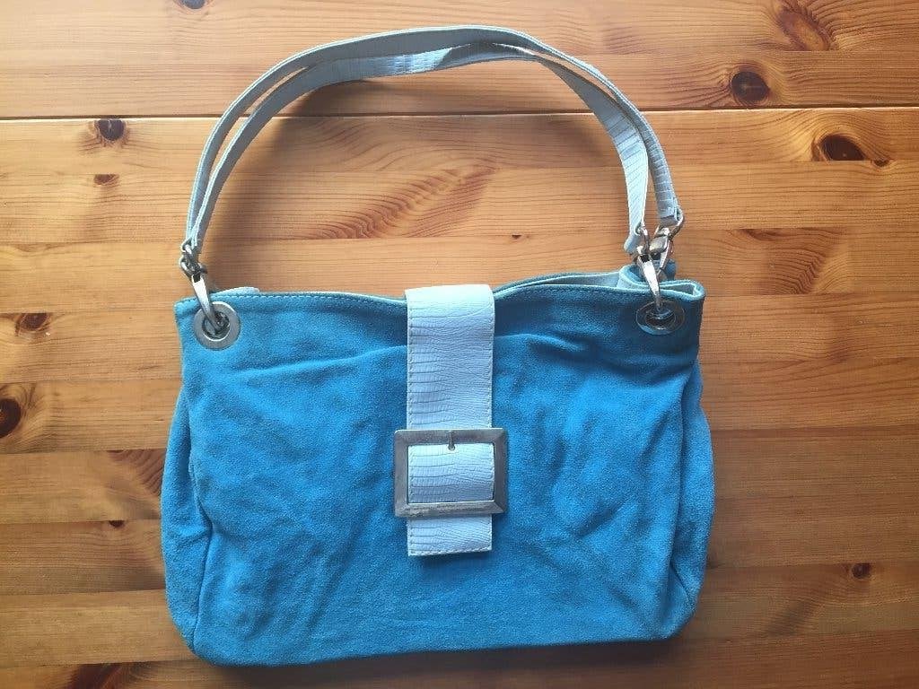 Zeeblauwe suede leren tas gesp met croco relief azul, Ophalen of Verzenden, Zo goed als nieuw, Blauw, Handtas