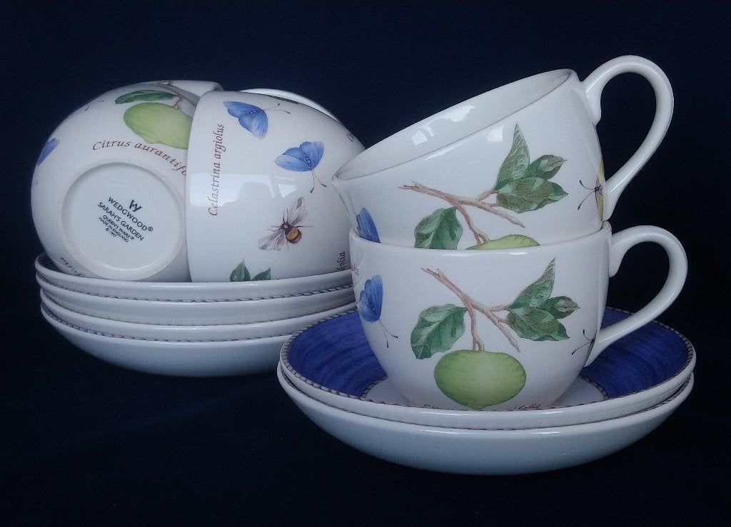 Wedgwood Sarah's Garden - 6 kop en schotels, Ophalen of Verzenden, Zo goed als nieuw, Wedgwood, Kop(pen) en/of Schotel(s)