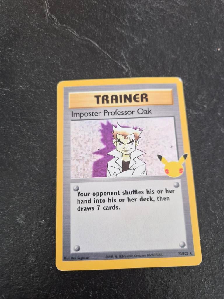 Imposter Professor Oak Pokémon kaart (Celebrations 25th), Ophalen of Verzenden, Zo goed als nieuw, Losse kaart