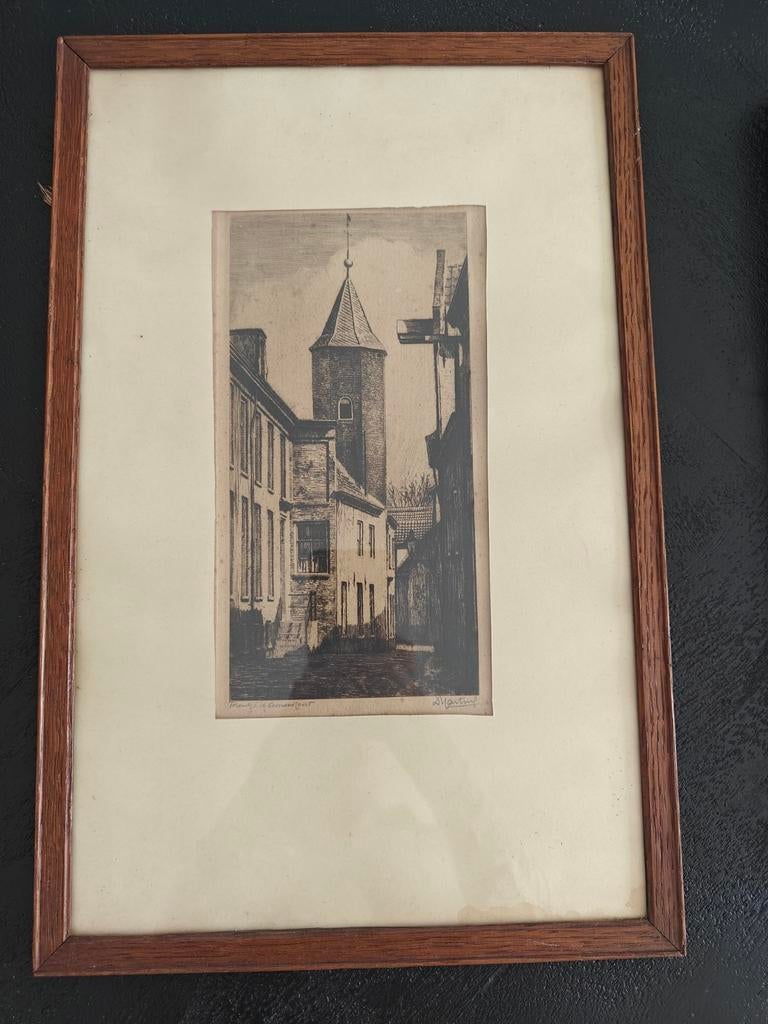 Oude ets 'Torentje te Amersfoort' - Gesigneerd, Antiek en Kunst, Kunst | Etsen en Gravures, Ets, Stadsgezicht, 1900 - 1949, Ingelijst