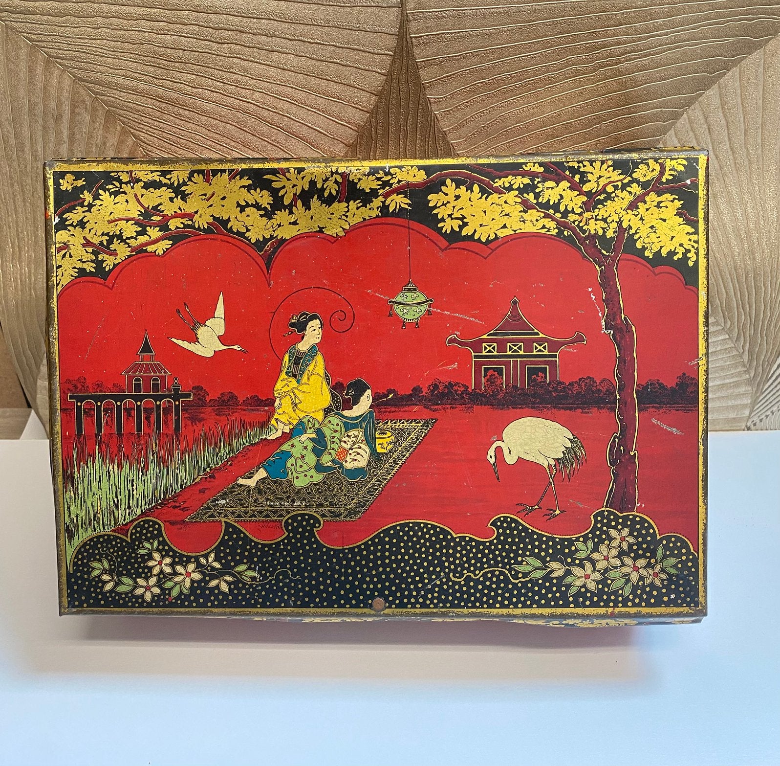 Antiek bewaarblik met Japans decor - Bekkers & Zoon - 1920s, Ophalen of Verzenden