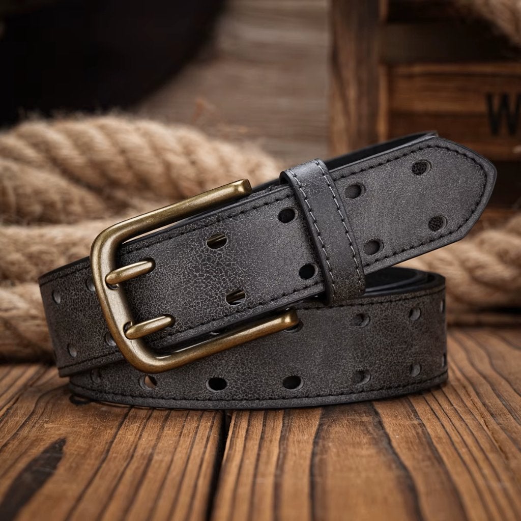 Zwarte kunstleren cowboyriem met dubbele gesp, Verzenden, Zwart, Nieuw, 115 cm of meer