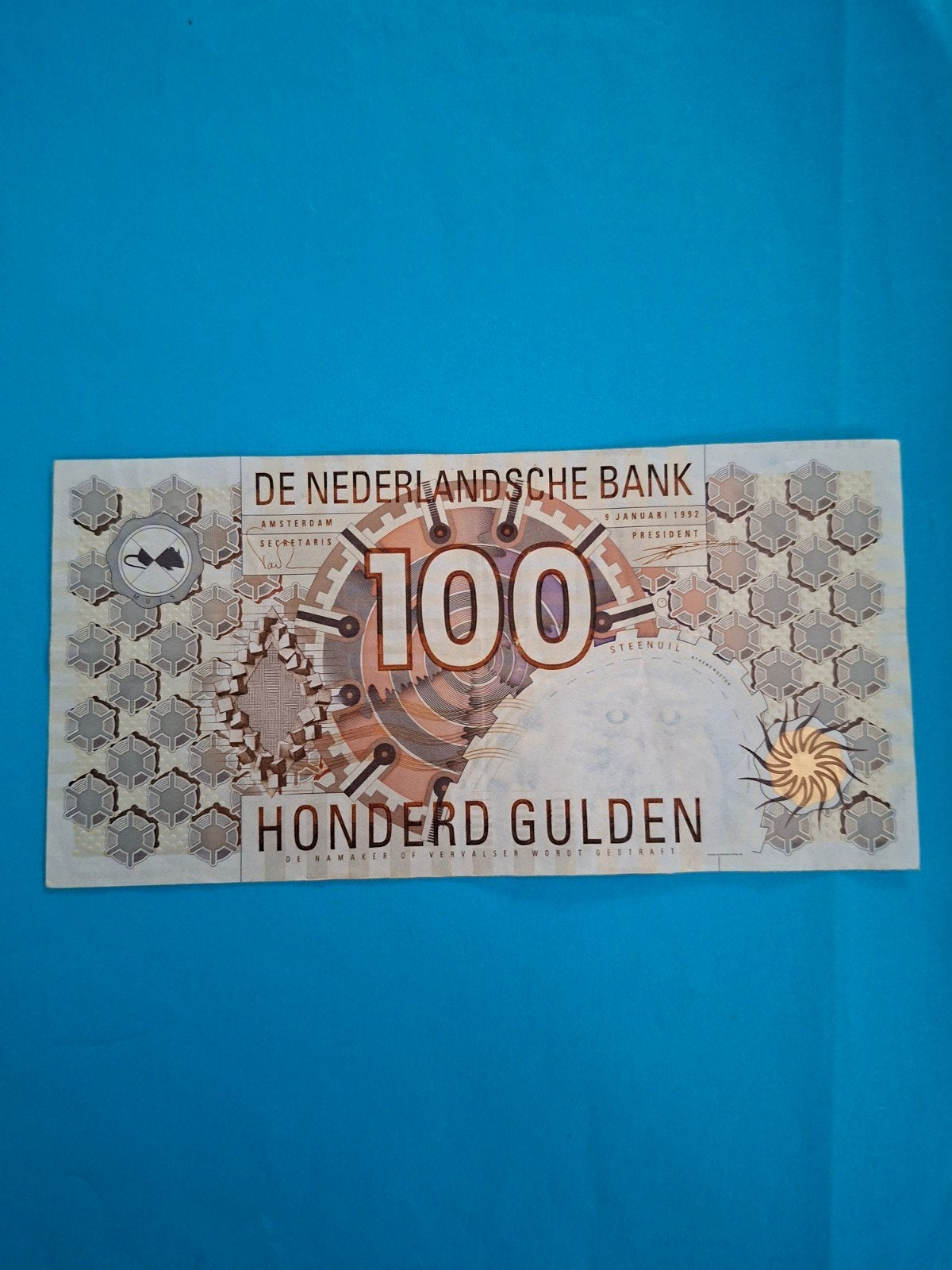 100 gulden steenuil met kleine c uit 1992 in PR, Ophalen of Verzenden, 100 gulden, Los biljet