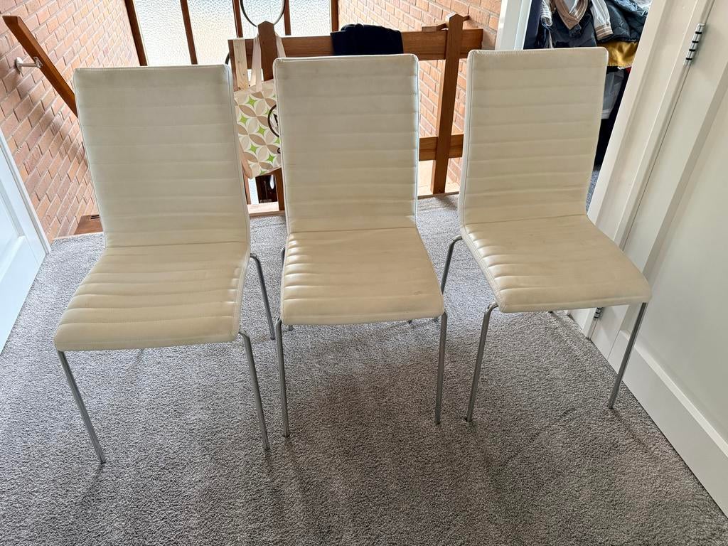 Set van 3 Witte Lederen Eetkamerstoelen - Modern Design, Ophalen, Gebruikt, Overige kleuren, Drie