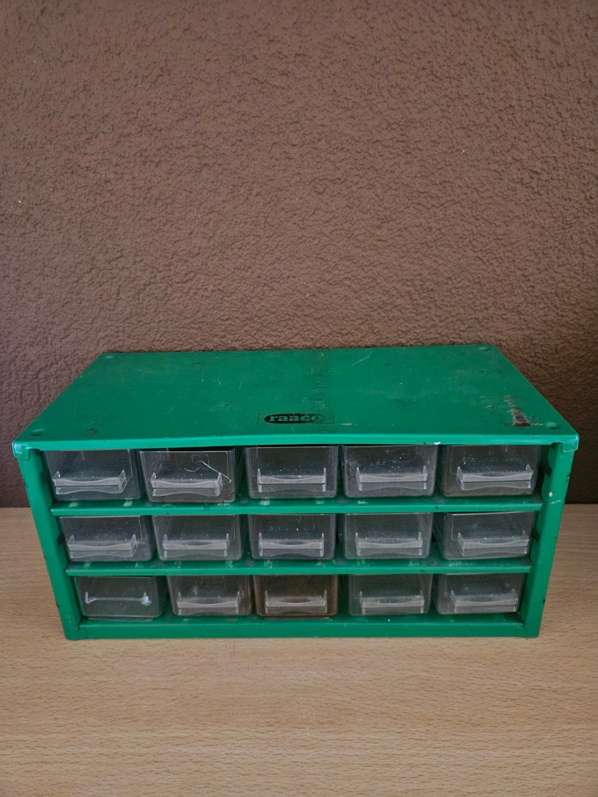 Vintage raaco onderdelenkastje met 15 lades, ladekast groen, Ophalen of Verzenden, Gebruikt