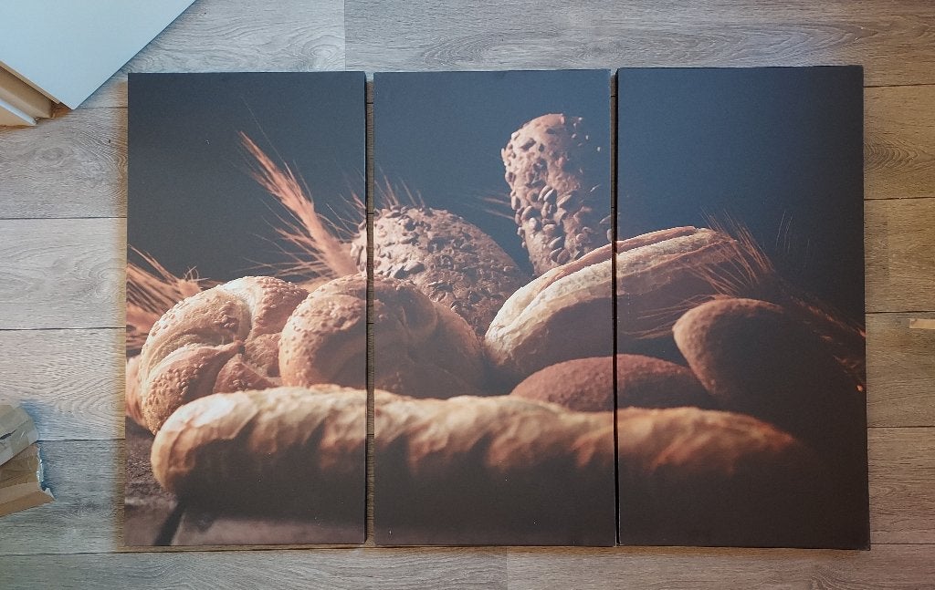 Canvas poster drieluik brood en tarwe, Nieuw, Ophalen of Verzenden, Print, 100 tot 125 cm