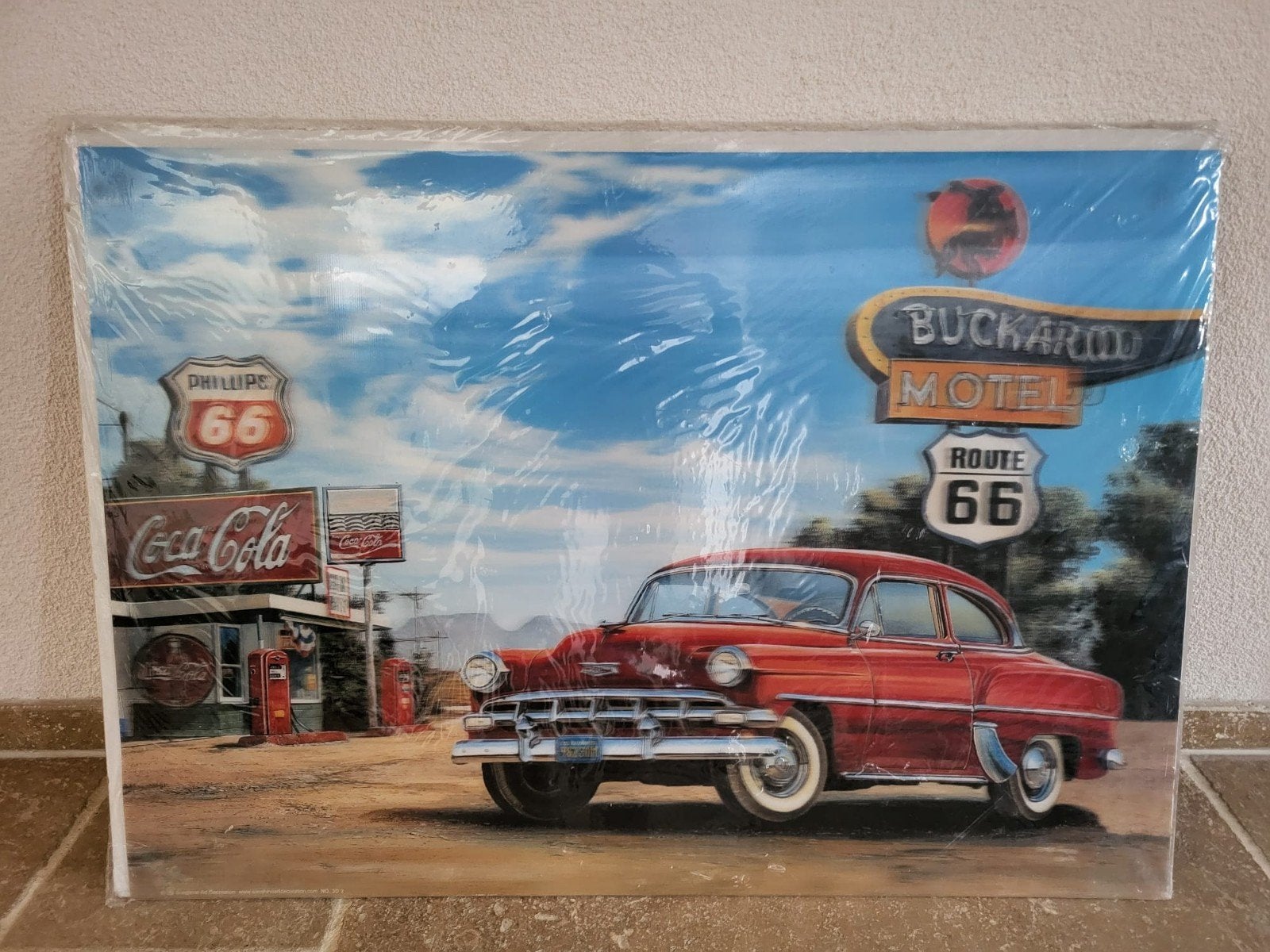 Route 66 met klassieke auto en motel, Antiek en Kunst, Ophalen of Verzenden, Vintage, Overige onderwerpen, Papier