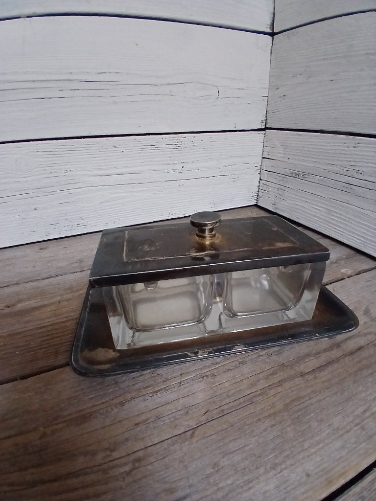 Antiek tweedelig glazen marmelade/jam doos, zwaar verzilverd, Ophalen of Verzenden