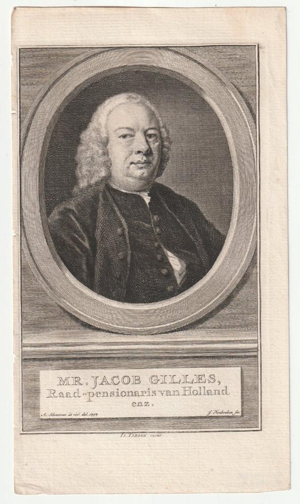 Mr. Jacob Gilles raadpensionaris van Holland Houbraken, Verzenden, Portret, Gravure, Blanco verso