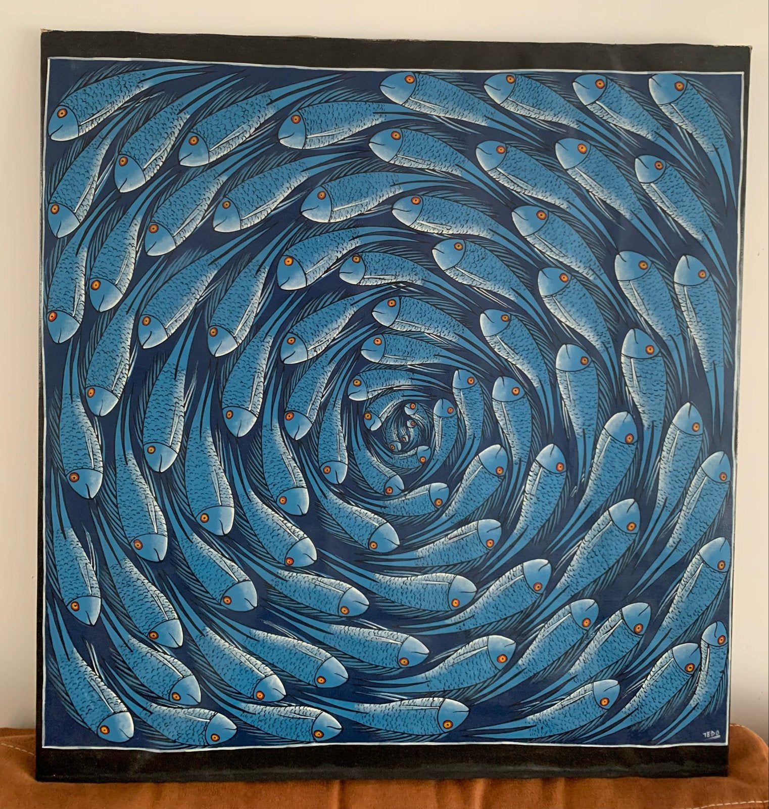Afrikaans Escher - Tedo - olieverfschilderij vissen, Antiek en Kunst, Ophalen, Dieren, Overige materialen, Gesigneerd