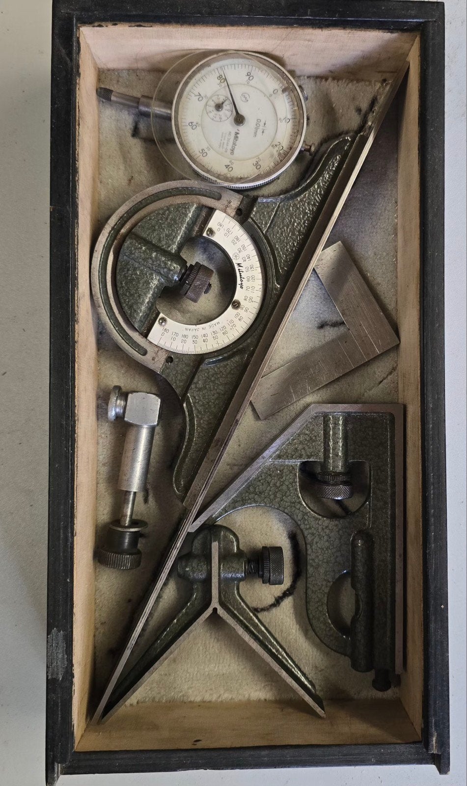 Vintage Mitutoyo Combinatie-hoekmeetset (4-delig) in Houten, Ophalen of Verzenden, Gebruikt