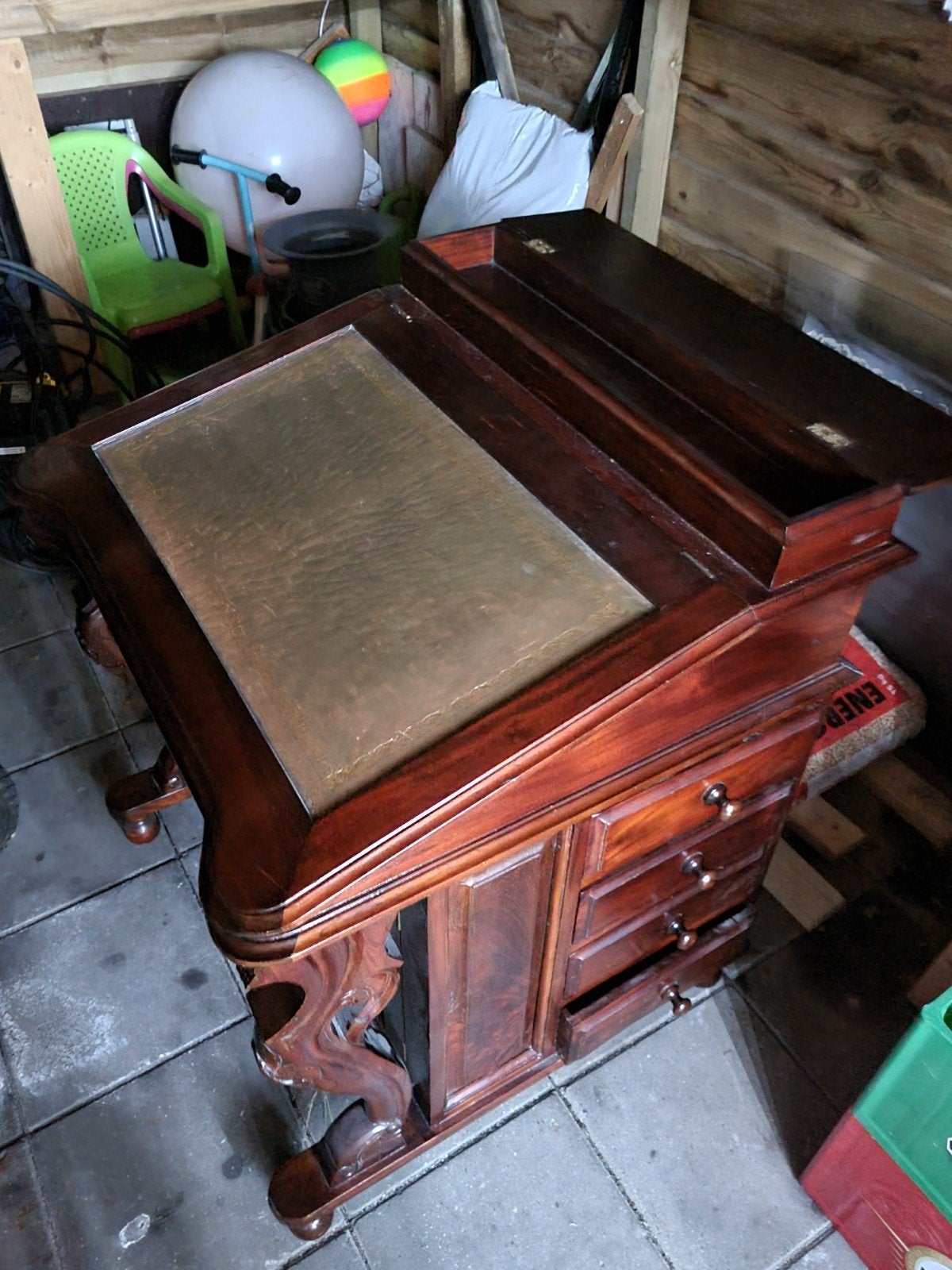 Davenport Antiek mahoniehouten secretaire met lederen inleg, Ophalen