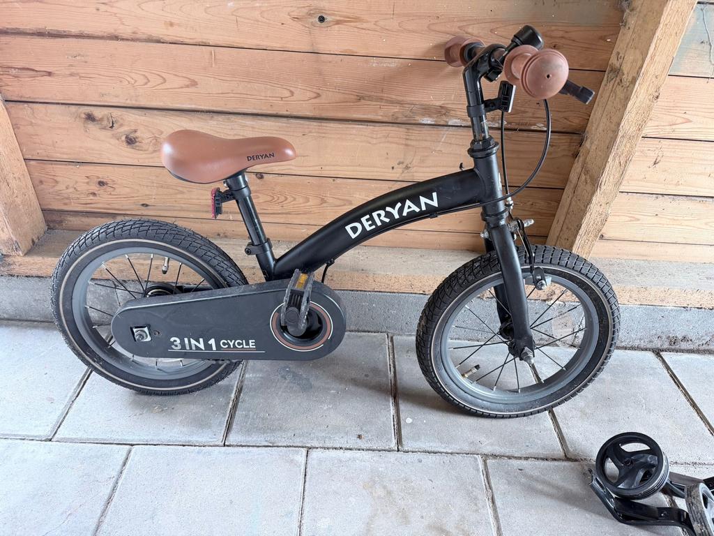 Deryan 3-in-1 Fiets: Loopfiets, Trapfiets & Zijwieltjes, Ophalen, Zijwieltjes, Velgrem, 16 tot 20 inch