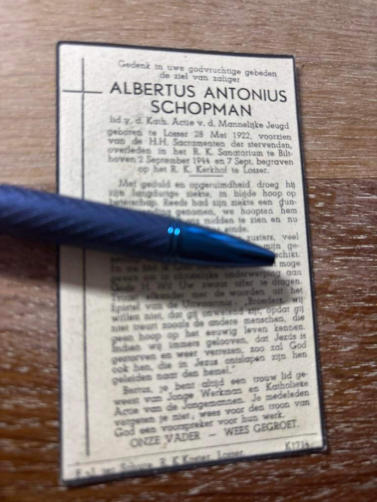 Schopman Albertus 1922 Losser 1944 Bilthoven  - E00444 -, Ophalen of Verzenden, Bidprentje