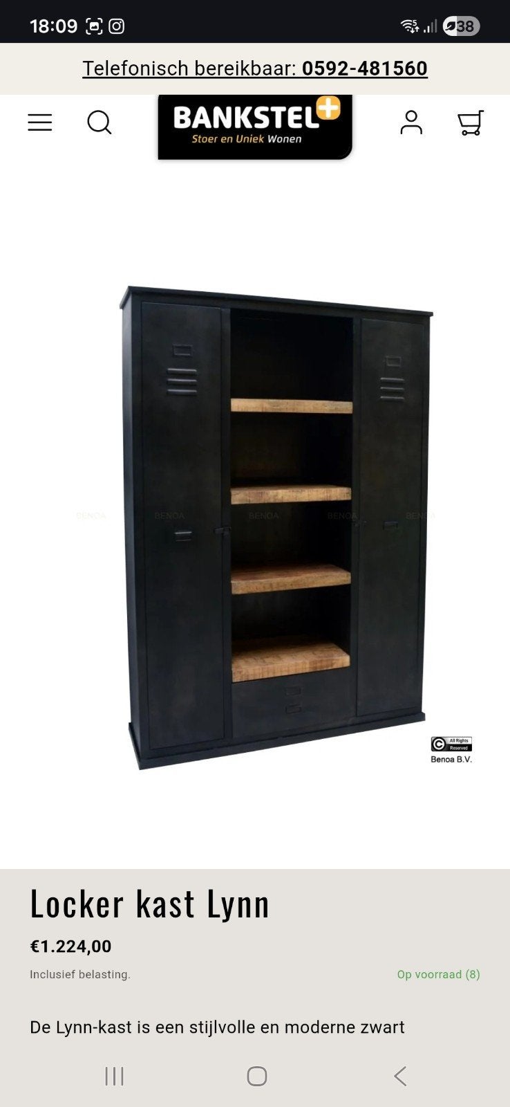 Industriële Locker Kast Lynn Zwart met Houten Planken, Ophalen