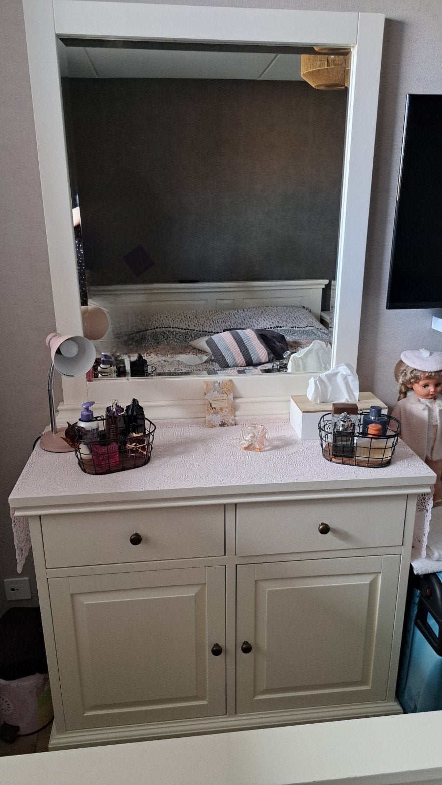 Witte kaptafel met spiegel en opbergruimte + 1nachtkastje, Ophalen, Zo goed als nieuw, Klassiek, Romantisch, 25 tot 50 cm