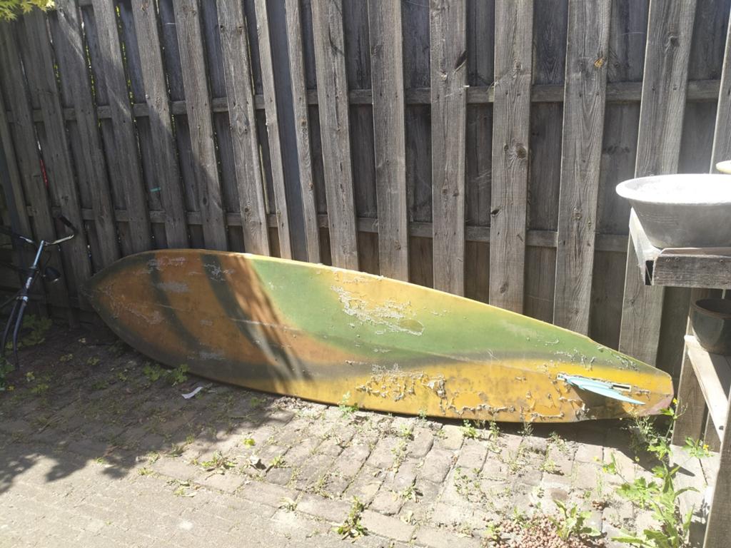 Oude windsurfplank- made by Jos Verheijde, Watersport en Boten, Met voetbanden, 250 tot 300 cm, Gebruikt, Plank