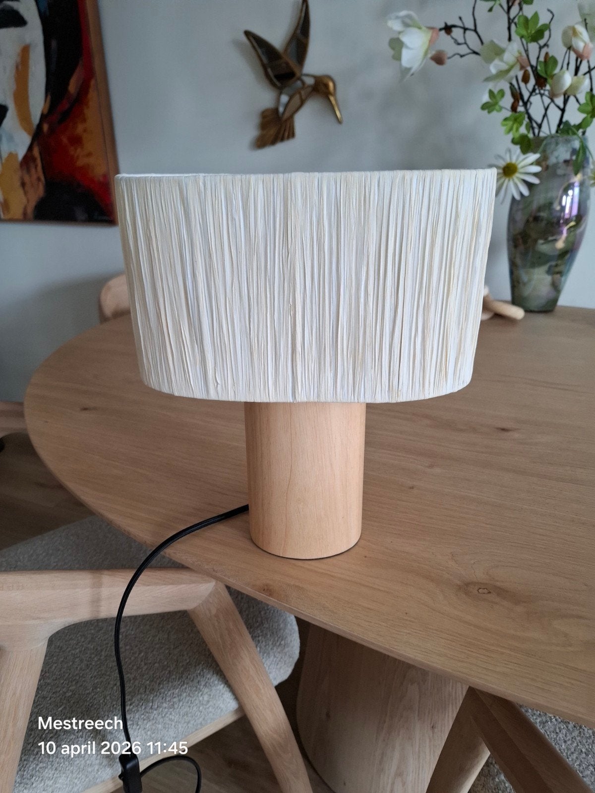 schemerlampje  blank hout met soort raffia ecru, Ophalen, Zo goed als nieuw, Rond