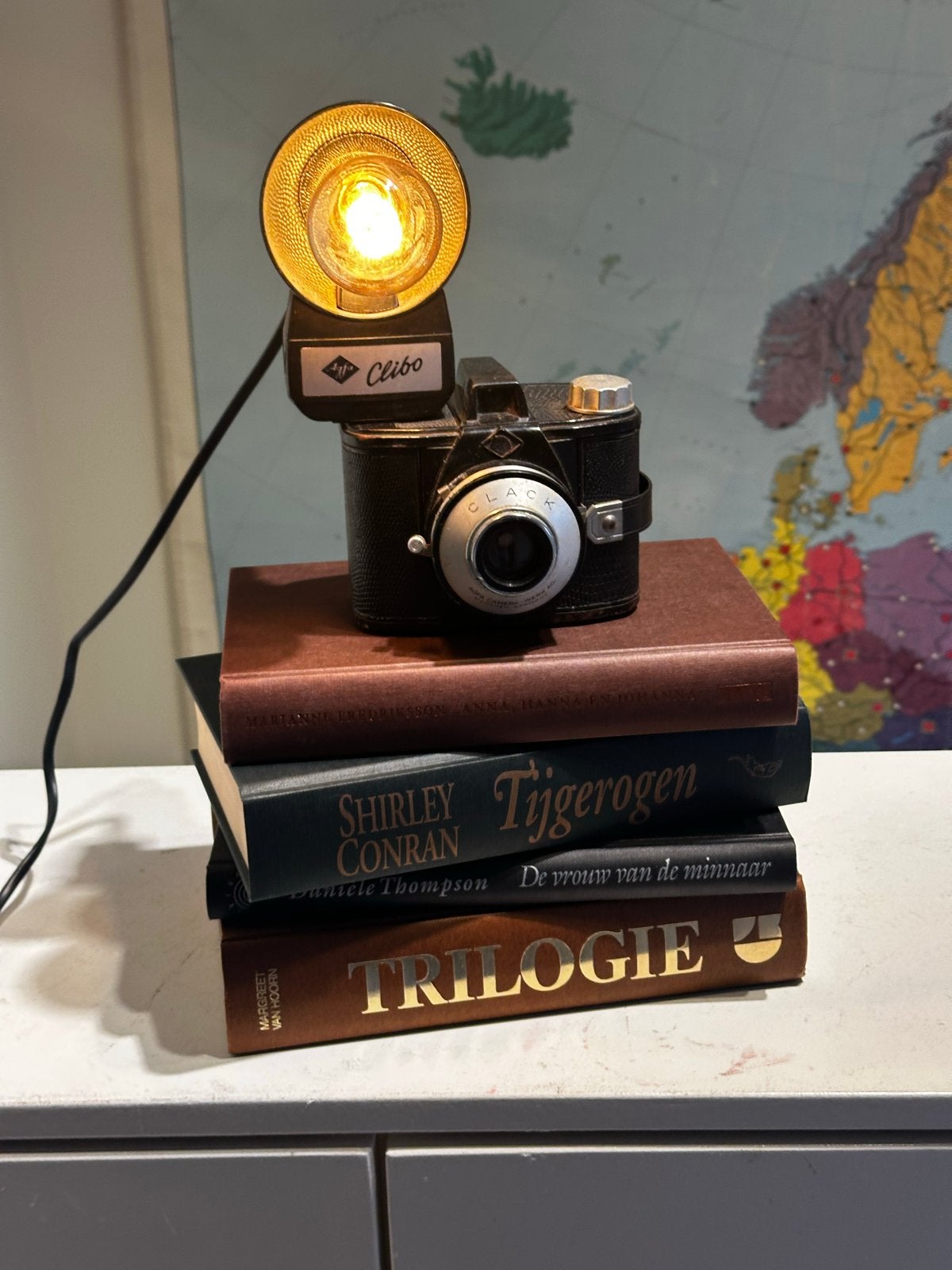 Unieke vintage camera lamp op boeken, Ophalen of Verzenden