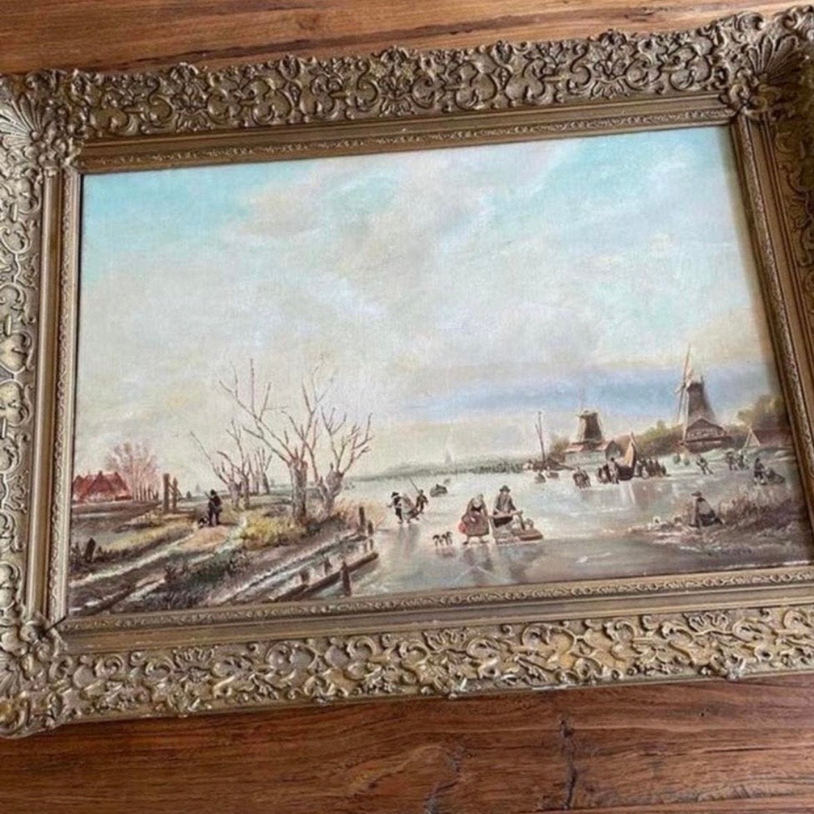 Olieverfschilderij Hollands Winterlandschap met Molens, Doek, Ophalen of Verzenden, Gesigneerd, Landschap