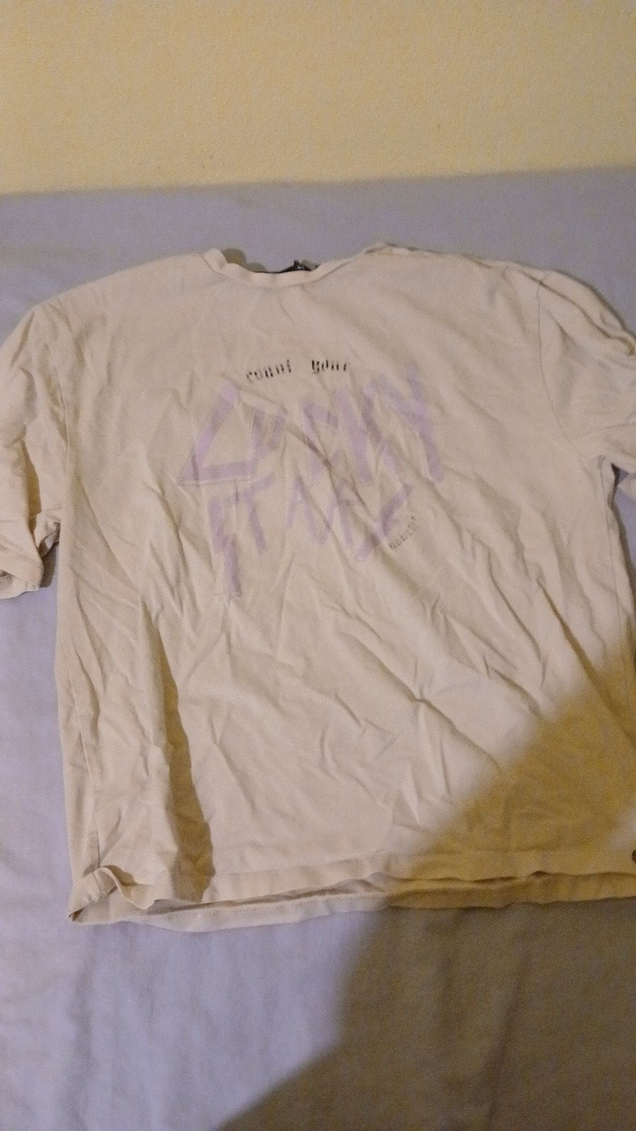 Crèmekleurig T-shirt met paarse opdruk, maat 158-164, Kinderen en Baby's, Kinderkleding | Maat 164, Ophalen, Gebruikt, Jongen of Meisje