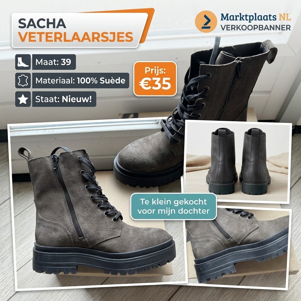 Nieuwe Sacha Donkergrijze Suèden Veterlaarsjes - Maat 39, Overige kleuren, Nieuw, Ophalen of Verzenden, Veterschoenen