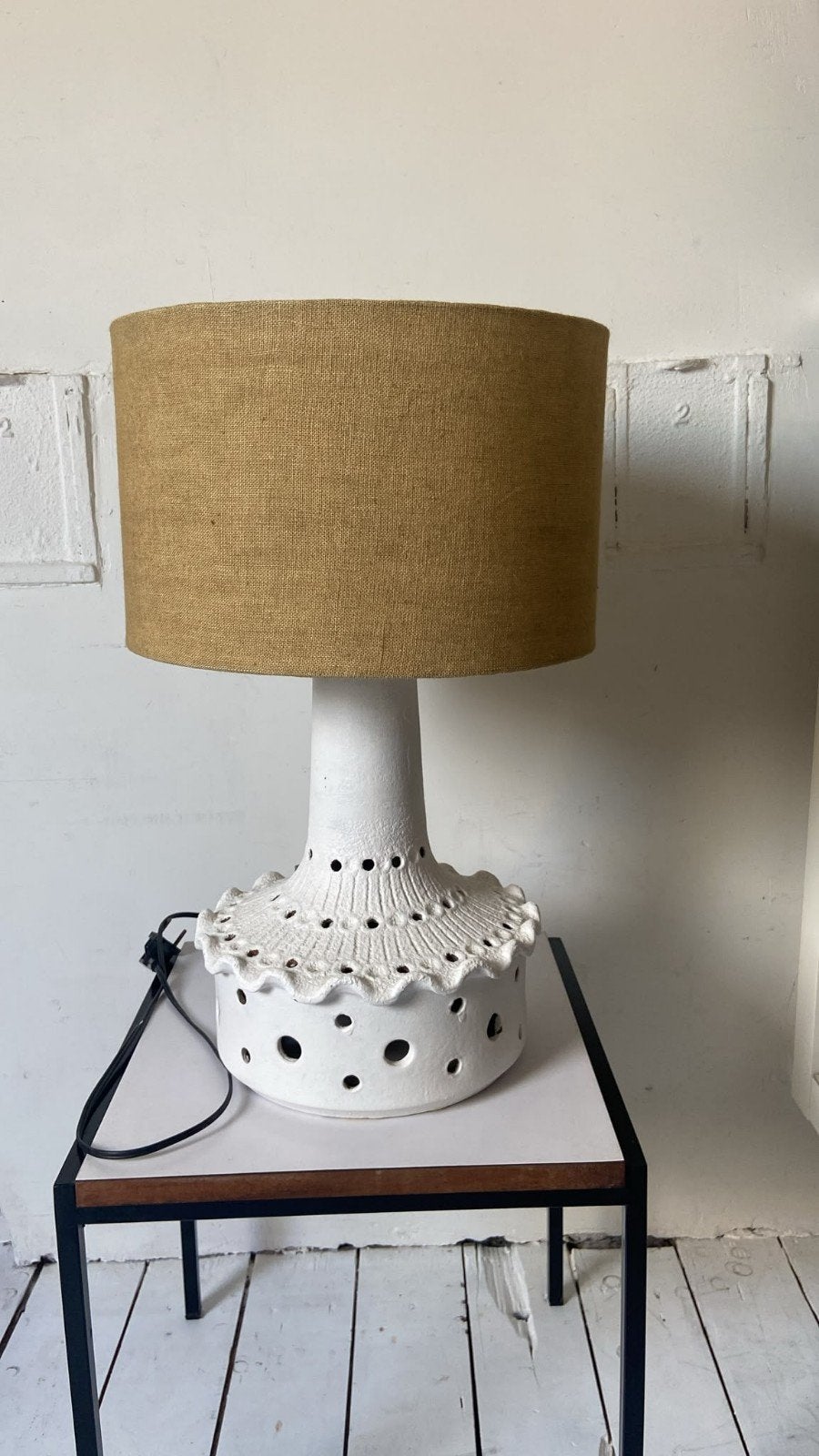 Vintage Tafellamp Keramiek Wit met nieuwe groene Kap, Ophalen, Gebruikt, Vintage, Textiel