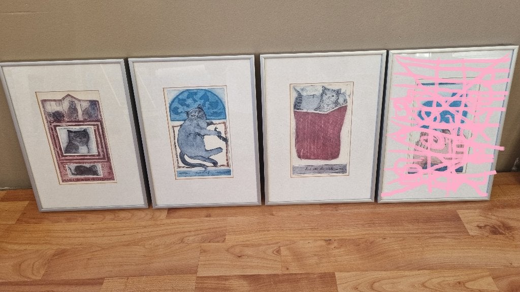 3 Mooie Vintage Poezen Art Works Kunst Etsen Karin Campfens, Minder dan 50 cm, Verzenden, Zo goed als nieuw, Schilderij