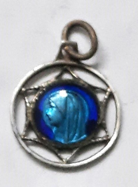Antieke Franse zilveren Lourdes medaille met blauw emaille, Ophalen