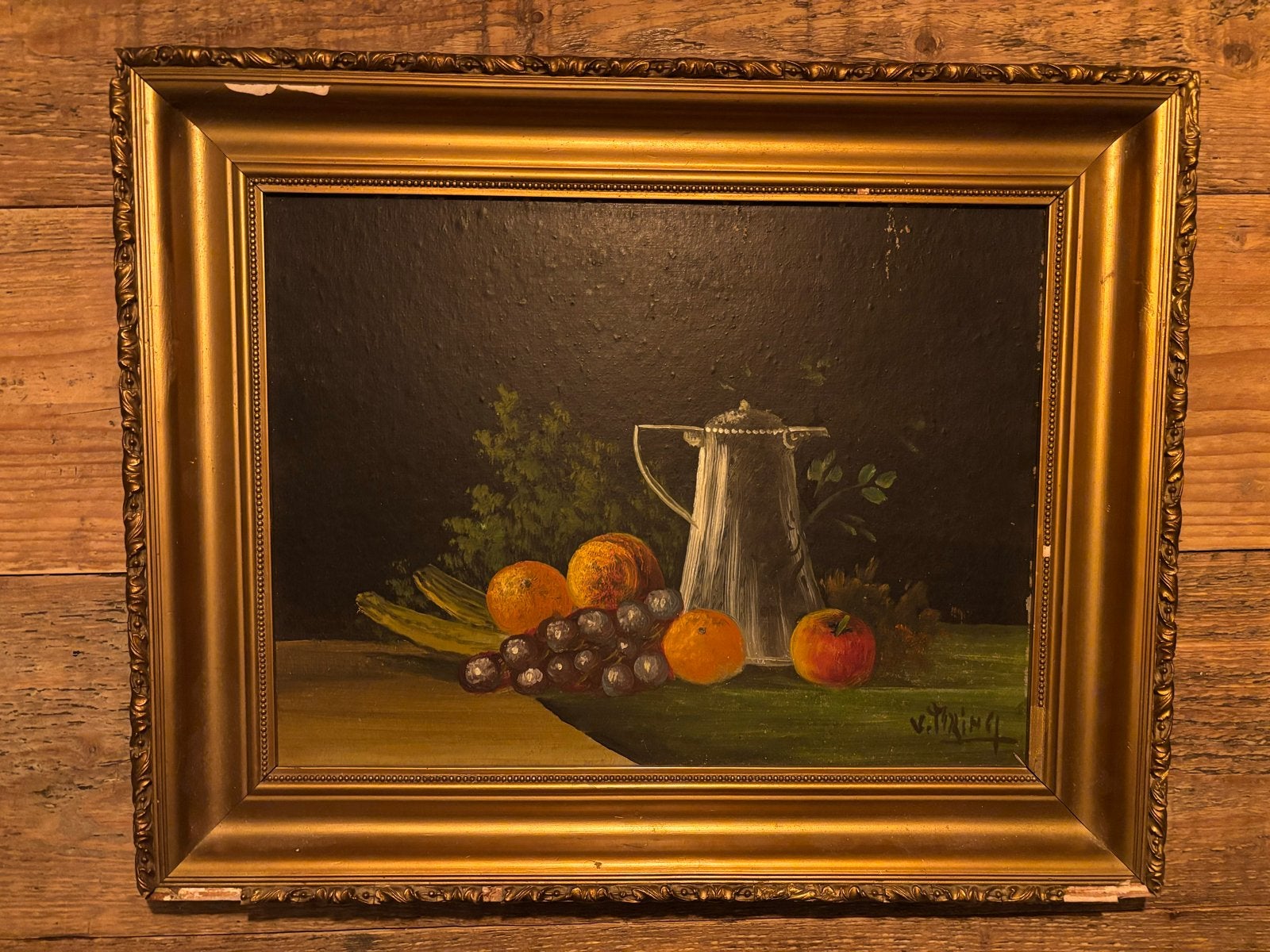 Olieverf Schilderij; Stilleven met Fruit en Kan - 40x30cm, Antiek en Kunst, Paneel, Stilleven, Ophalen of Verzenden, Gesigneerd