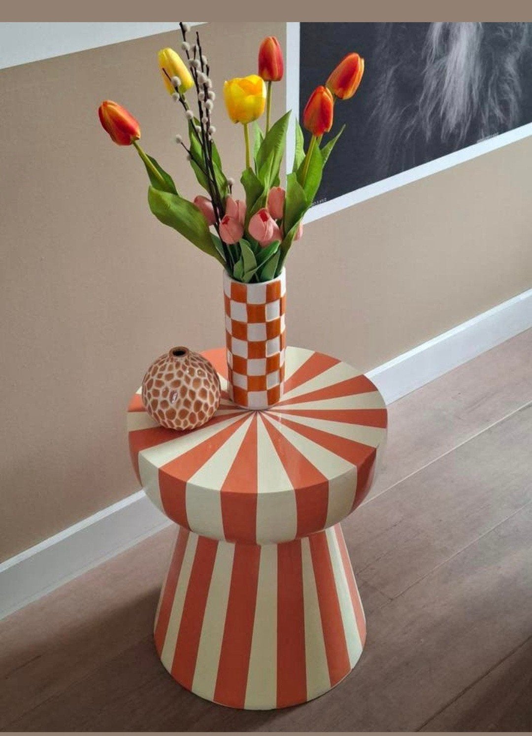 Xenos bijzettafel stripe beige/terra 40x45 cm, Overige materialen, Minder dan 55 cm, Modern, speels, gestreept, Rond
