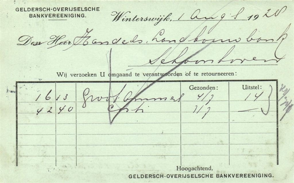 Geldersch-Overijselsche Bankvereeniging, Winterswijk - 08.19, Postzegels en Munten, Ophalen of Verzenden, Briefkaart