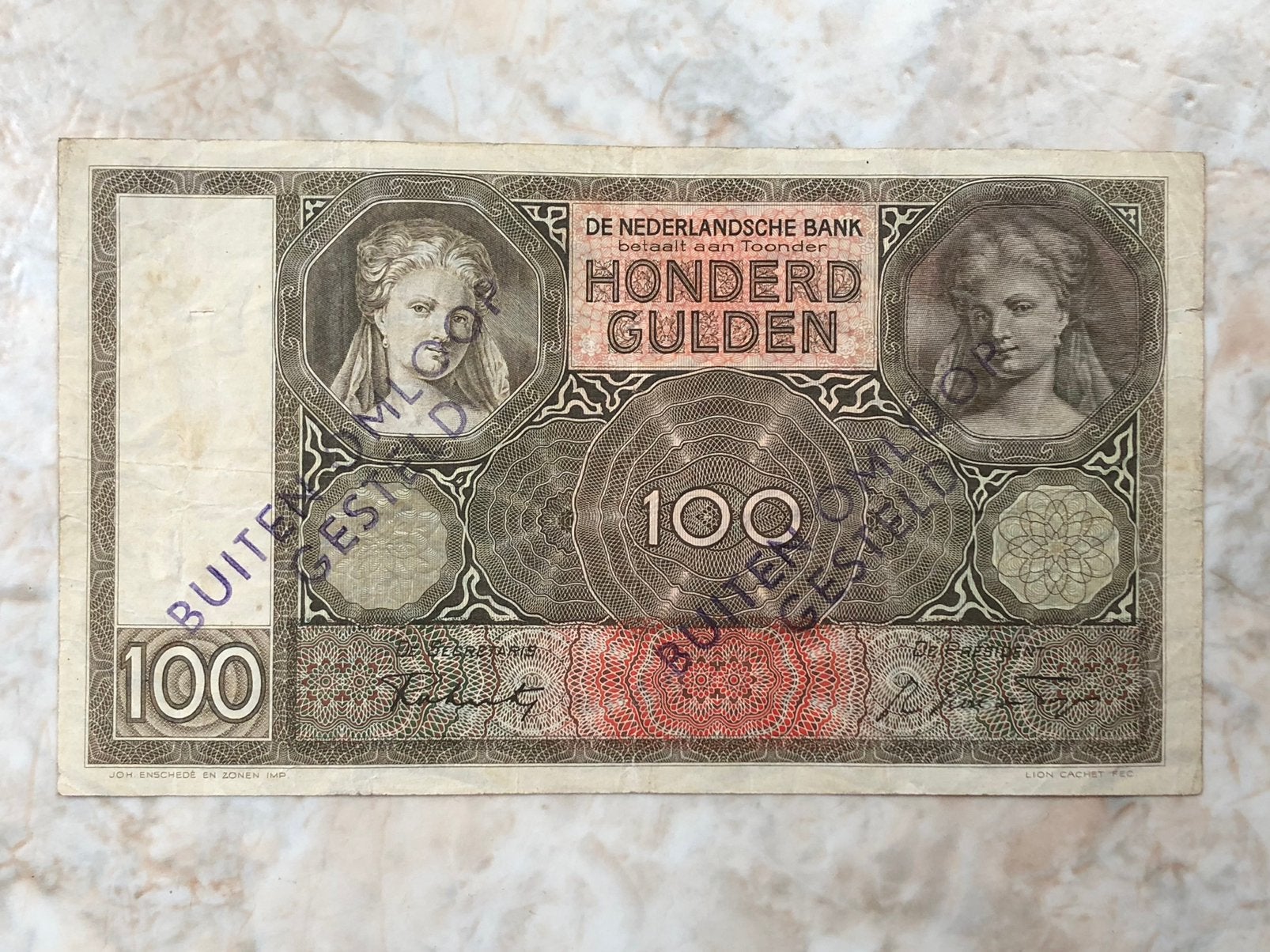 100 gulden 1942, Luitspelende vrouw, Buiten omloop., Postzegels en Munten, Verzenden, 100 gulden, Los biljet