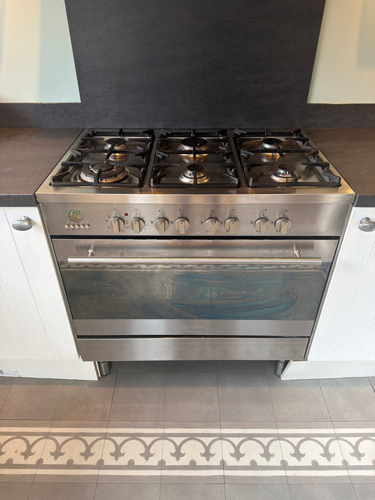 M-System gasfornuis met oven - RVS, 6 pitten, Witgoed en Apparatuur, Fornuizen, Ophalen, Gebruikt, 60 cm of meer, Gas