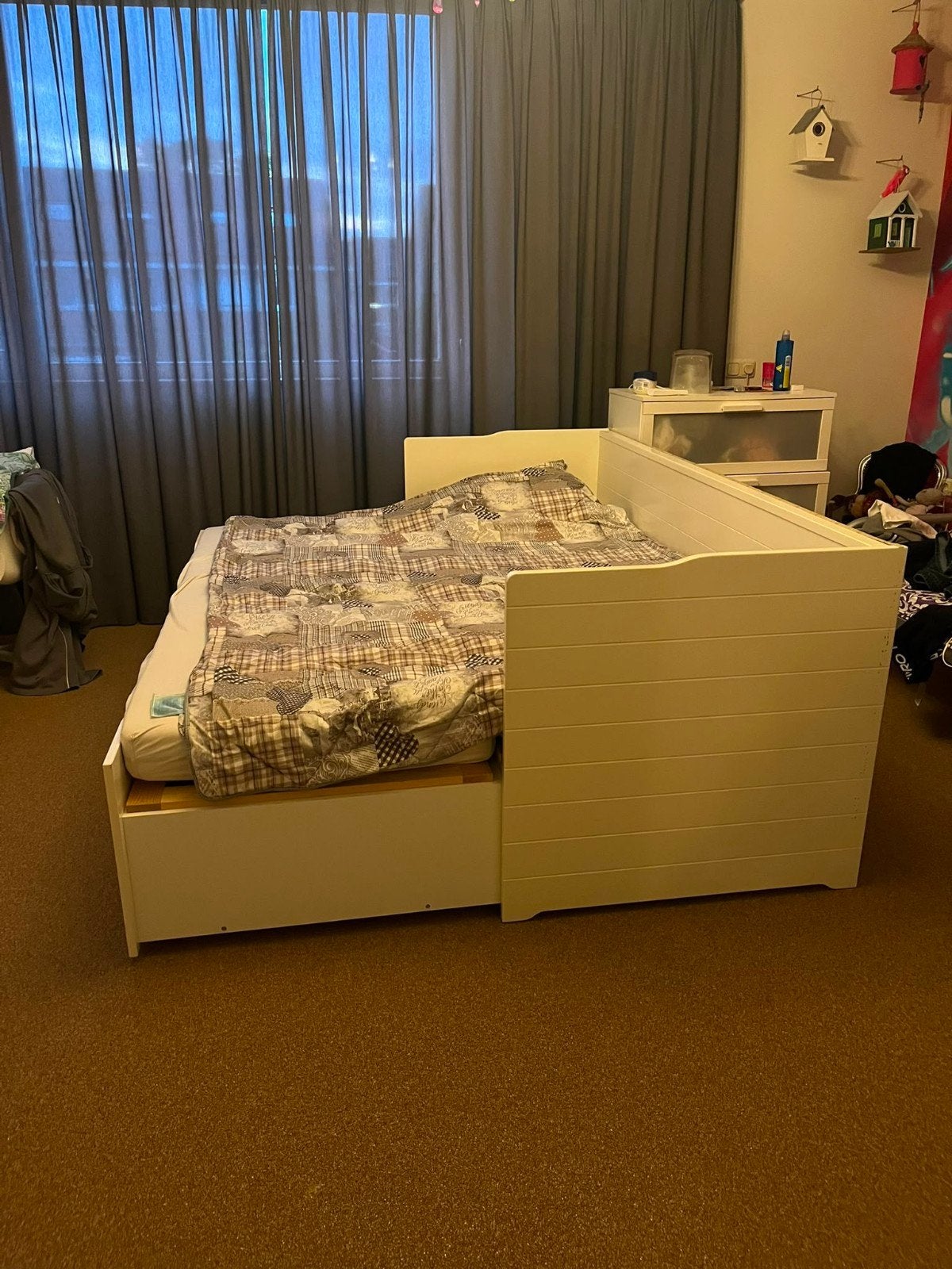 IKEA Bygland uitschuif bed met LED, Huis en Inrichting, Slaapkamer | Bedden, Ophalen, Tweepersoons, Wit, Hout