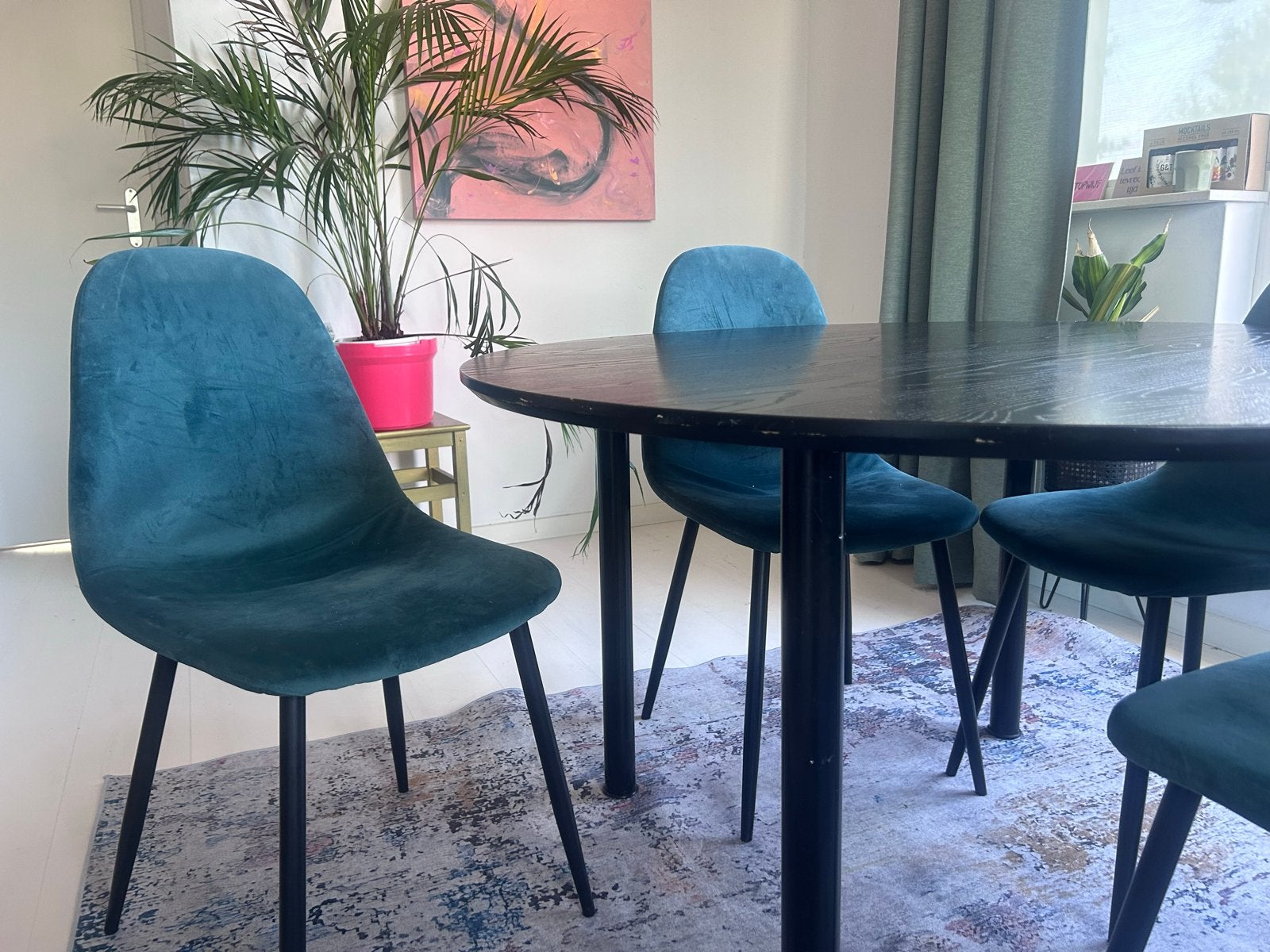 Eethoek: Mooi Wooodtafelblad met onderstel en met 4 stoelen, Ophalen, Gebruikt, 100 tot 150 cm, Rond