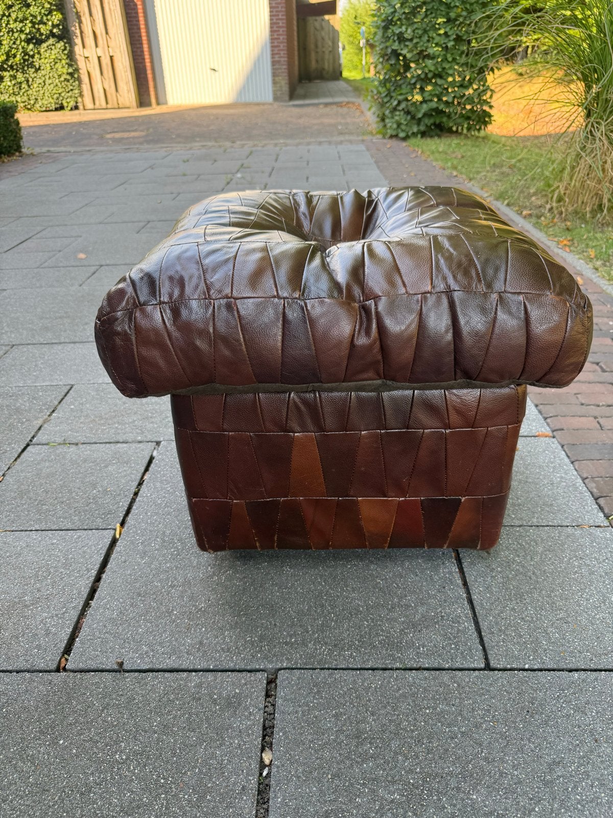Lederen patchwork Poef - Bruin, Vierkant met Opbergruimte, Gebruikt, Vierkant, Leer, Ophalen of Verzenden