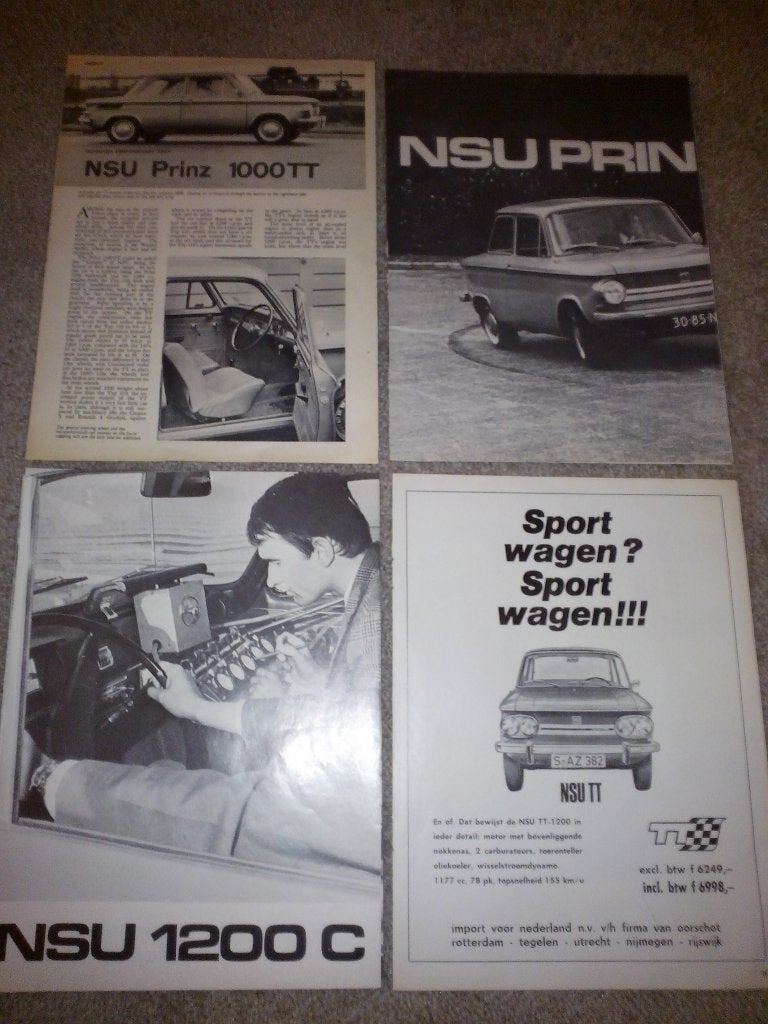 NSU TT + NSU 1200 C + Prinz 1000 TT + 4 L advertenties tests, Ophalen of Verzenden, Zo goed als nieuw, Algemeen