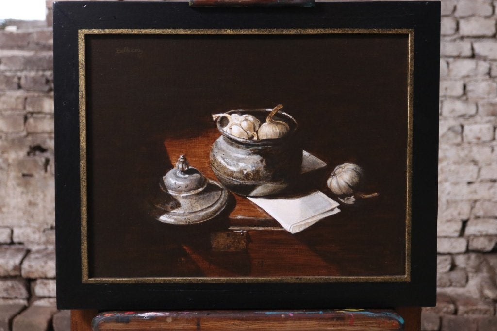 Stilleven tinnen pot en knoflook – Marjolein van den Berg, Ophalen, Acrylverf, Gesigneerd, Stilleven